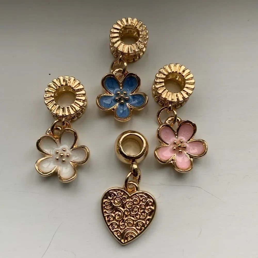 4 Charm Set – Flowers & Heart Dangle Charms for Bracelet or Necklace
